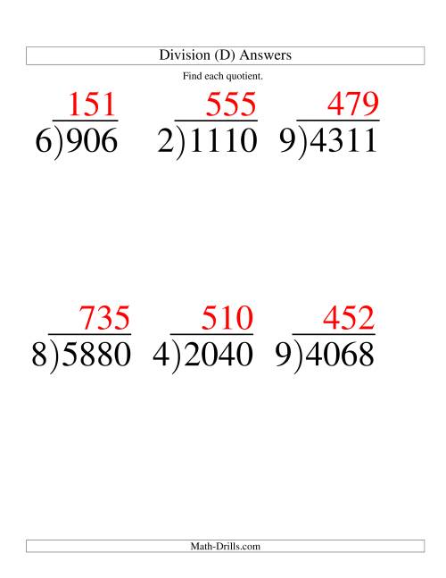 The Long Division - One-Digit Divisor and a Three-Digit Quotient with No Remainder -- Large Print (D) Math Worksheet Page 2