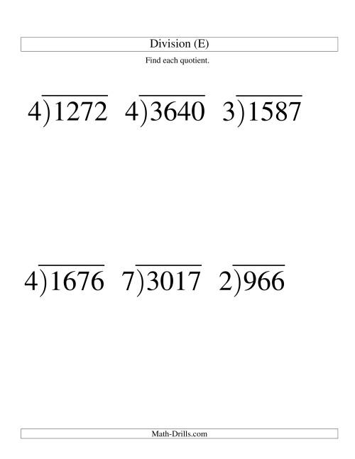 The Long Division - One-Digit Divisor and a Three-Digit Quotient with No Remainder -- Large Print (E) Math Worksheet