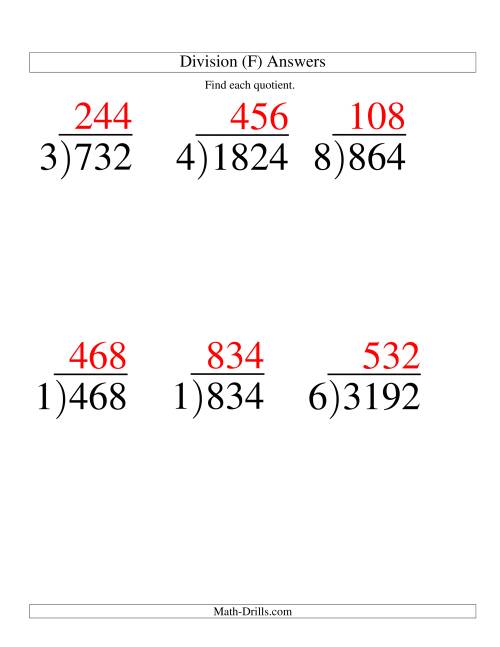 The Long Division - One-Digit Divisor and a Three-Digit Quotient with No Remainder -- Large Print (F) Math Worksheet Page 2