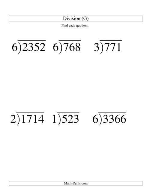 The Long Division - One-Digit Divisor and a Three-Digit Quotient with No Remainder -- Large Print (G) Math Worksheet