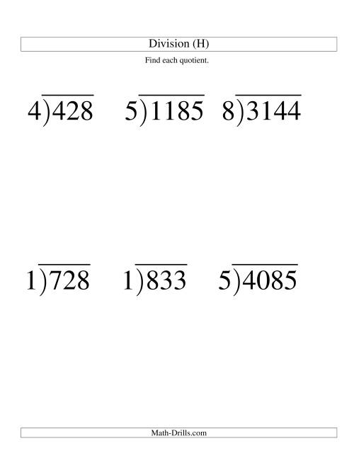 The Long Division - One-Digit Divisor and a Three-Digit Quotient with No Remainder -- Large Print (H) Math Worksheet