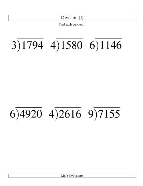 The Long Division - One-Digit Divisor and a Three-Digit Quotient with No Remainder -- Large Print (I) Math Worksheet