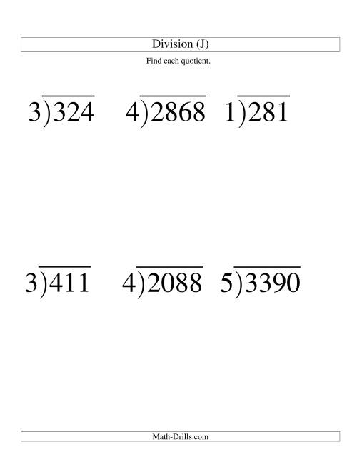 The Long Division - One-Digit Divisor and a Three-Digit Quotient with No Remainder -- Large Print (J) Math Worksheet