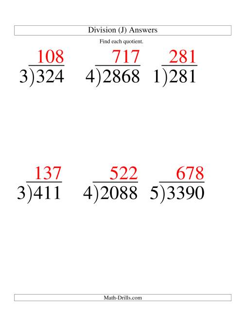 The Long Division - One-Digit Divisor and a Three-Digit Quotient with No Remainder -- Large Print (J) Math Worksheet Page 2