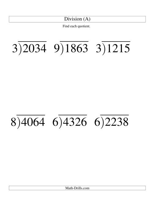 The Long Division - One-Digit Divisor and a Three-Digit Quotient with No Remainder -- Large Print (All) Math Worksheet
