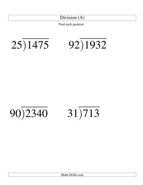 Long Division - Two-Digit Divisor And A Two-Digit Quotient With No Remainder -- Large Print (A)