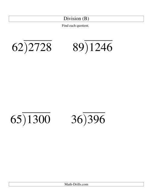 The Long Division - Two-Digit Divisor and a Two-Digit Quotient with No Remainder -- Large Print (B) Math Worksheet