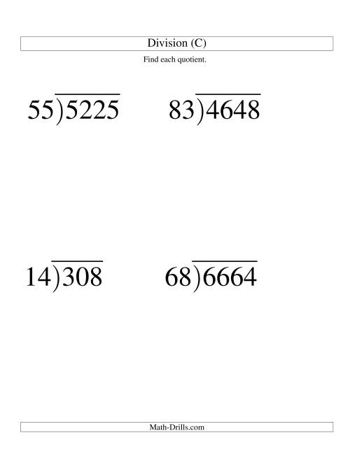 The Long Division - Two-Digit Divisor and a Two-Digit Quotient with No Remainder -- Large Print (C) Math Worksheet