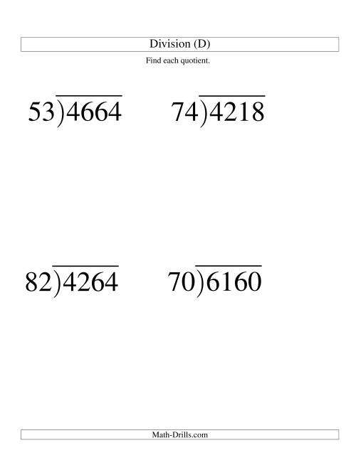 The Long Division - Two-Digit Divisor and a Two-Digit Quotient with No Remainder -- Large Print (D) Math Worksheet