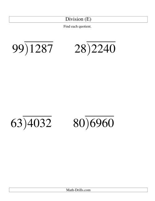 The Long Division - Two-Digit Divisor and a Two-Digit Quotient with No Remainder -- Large Print (E) Math Worksheet