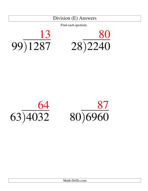 The Long Division - Two-Digit Divisor and a Two-Digit Quotient with No Remainder -- Large Print (E) Math Worksheet Page 2