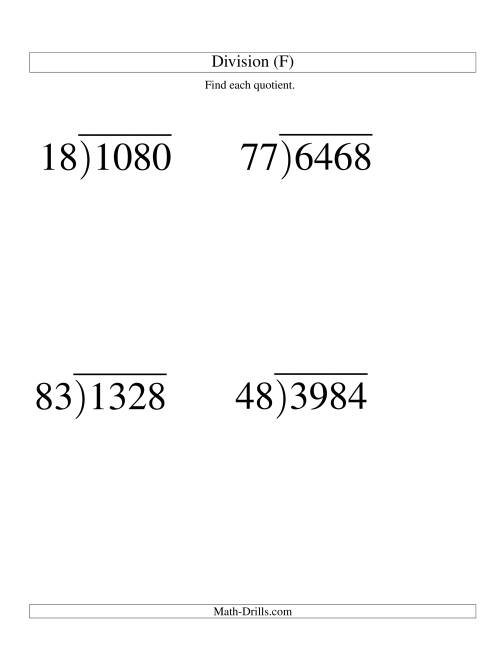 The Long Division - Two-Digit Divisor and a Two-Digit Quotient with No Remainder -- Large Print (F) Math Worksheet
