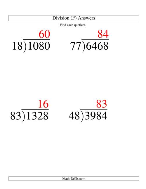 The Long Division - Two-Digit Divisor and a Two-Digit Quotient with No Remainder -- Large Print (F) Math Worksheet Page 2