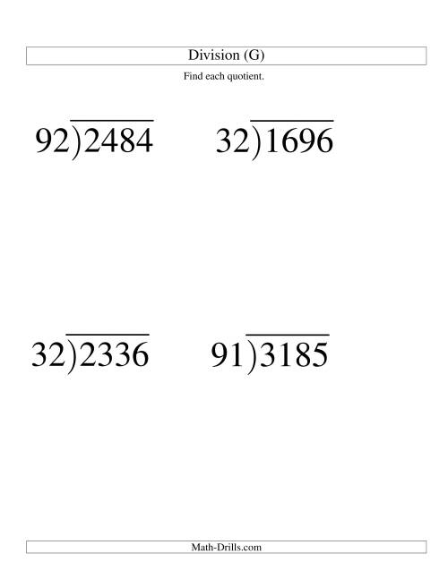 The Long Division - Two-Digit Divisor and a Two-Digit Quotient with No Remainder -- Large Print (G) Math Worksheet