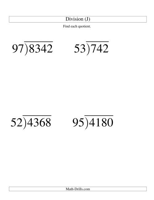 The Long Division - Two-Digit Divisor and a Two-Digit Quotient with No Remainder -- Large Print (J) Math Worksheet
