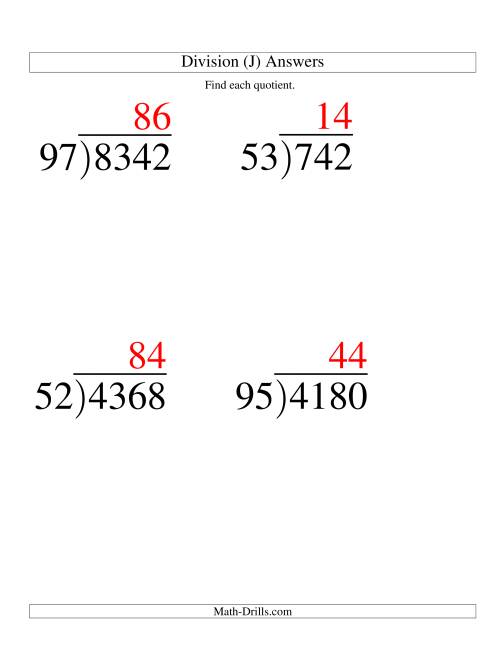 The Long Division - Two-Digit Divisor and a Two-Digit Quotient with No Remainder -- Large Print (J) Math Worksheet Page 2