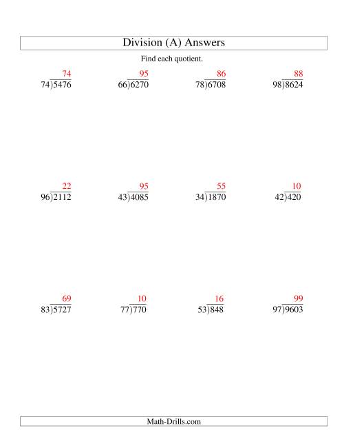 long division two digit divisor and a two digit quotient with no