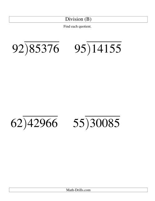 The Long Division - Two-Digit Divisor and a Three-Digit Quotient with No Remainder -- Large Print (B) Math Worksheet