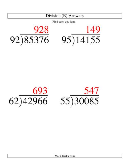 The Long Division - Two-Digit Divisor and a Three-Digit Quotient with No Remainder -- Large Print (B) Math Worksheet Page 2