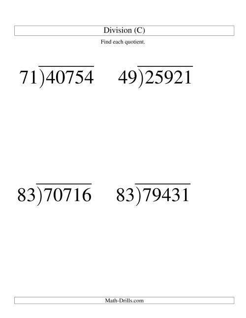 The Long Division - Two-Digit Divisor and a Three-Digit Quotient with No Remainder -- Large Print (C) Math Worksheet