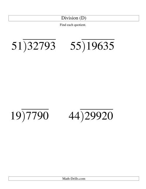 The Long Division - Two-Digit Divisor and a Three-Digit Quotient with No Remainder -- Large Print (D) Math Worksheet