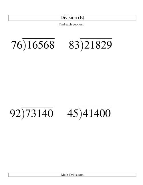 The Long Division - Two-Digit Divisor and a Three-Digit Quotient with No Remainder -- Large Print (E) Math Worksheet