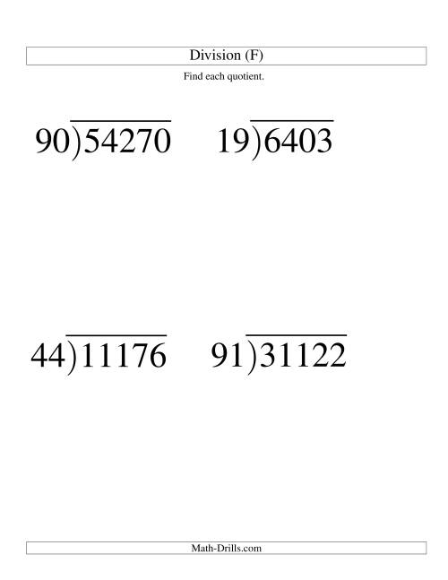 The Long Division - Two-Digit Divisor and a Three-Digit Quotient with No Remainder -- Large Print (F) Math Worksheet