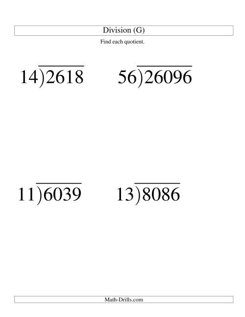 The Long Division - Two-Digit Divisor and a Three-Digit Quotient with No Remainder -- Large Print (G) Math Worksheet