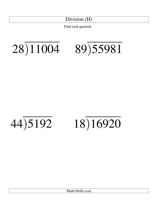 The Long Division - Two-Digit Divisor and a Three-Digit Quotient with No Remainder -- Large Print (H) Math Worksheet