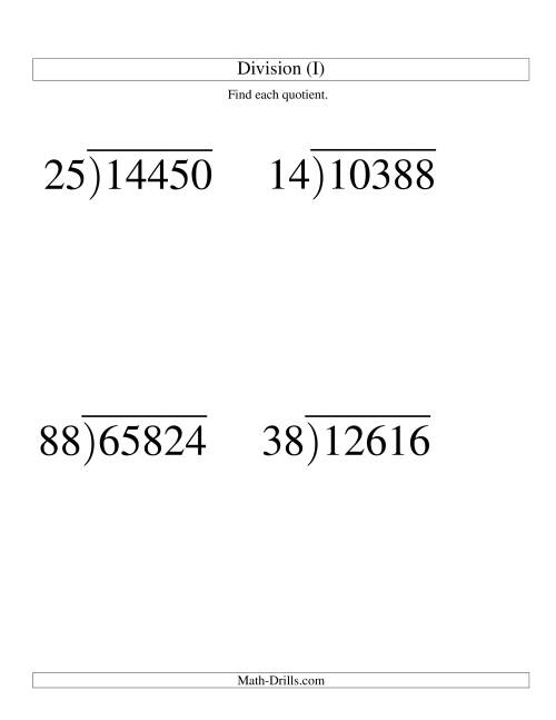 The Long Division - Two-Digit Divisor and a Three-Digit Quotient with No Remainder -- Large Print (I) Math Worksheet