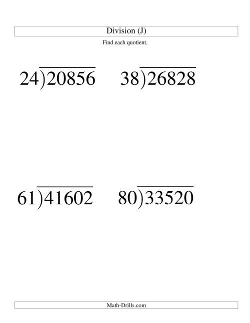 The Long Division - Two-Digit Divisor and a Three-Digit Quotient with No Remainder -- Large Print (J) Math Worksheet