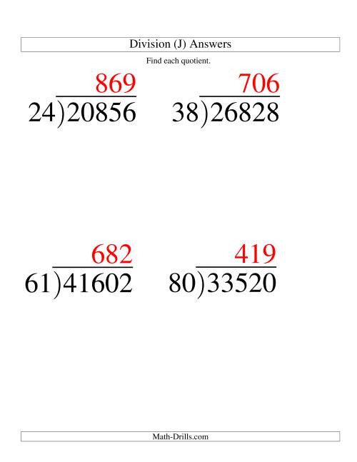 The Long Division - Two-Digit Divisor and a Three-Digit Quotient with No Remainder -- Large Print (J) Math Worksheet Page 2