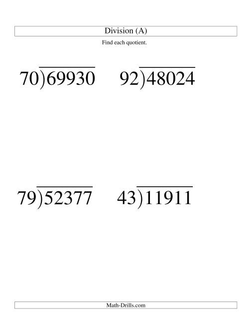 The Long Division - Two-Digit Divisor and a Three-Digit Quotient with No Remainder -- Large Print (All) Math Worksheet