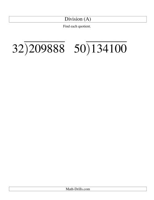 The Long Division - Two-Digit Divisor and a Four-Digit Quotient with No Remainder -- Large Print (A) Math Worksheet