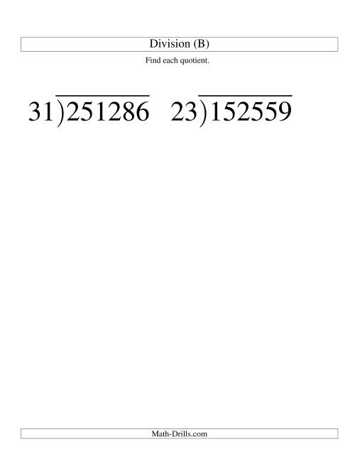 The Long Division - Two-Digit Divisor and a Four-Digit Quotient with No Remainder -- Large Print (B) Math Worksheet