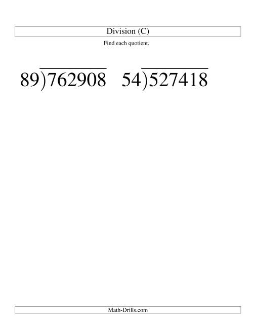 The Long Division - Two-Digit Divisor and a Four-Digit Quotient with No Remainder -- Large Print (C) Math Worksheet