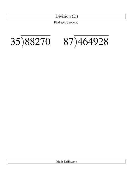 The Long Division - Two-Digit Divisor and a Four-Digit Quotient with No Remainder -- Large Print (D) Math Worksheet