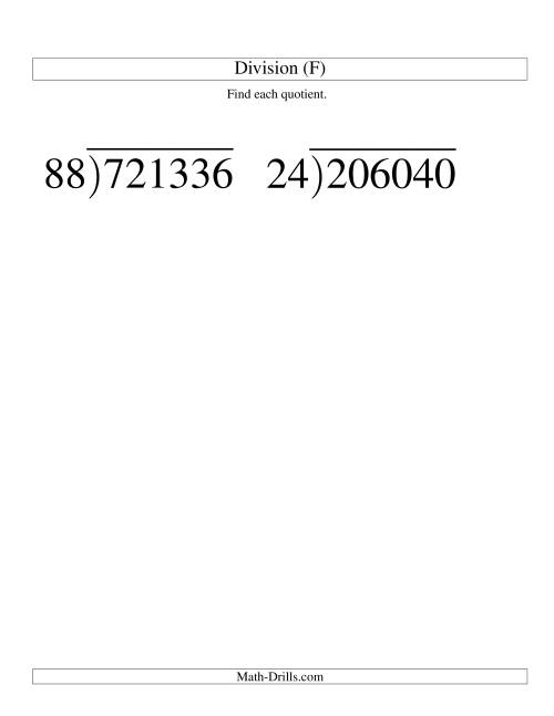 The Long Division - Two-Digit Divisor and a Four-Digit Quotient with No Remainder -- Large Print (F) Math Worksheet