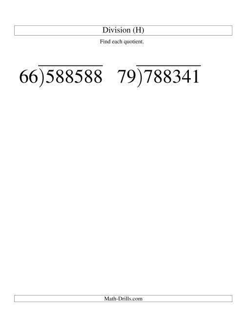 The Long Division - Two-Digit Divisor and a Four-Digit Quotient with No Remainder -- Large Print (H) Math Worksheet