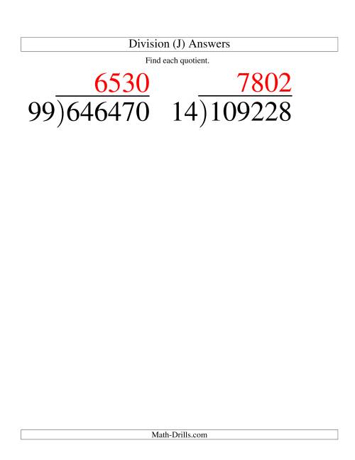 The Long Division - Two-Digit Divisor and a Four-Digit Quotient with No Remainder -- Large Print (J) Math Worksheet Page 2