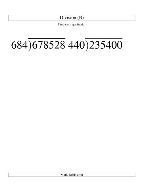 The Long Division - Three-Digit Divisor and a Three-Digit Quotient with No Remainder -- Large Print (B) Math Worksheet