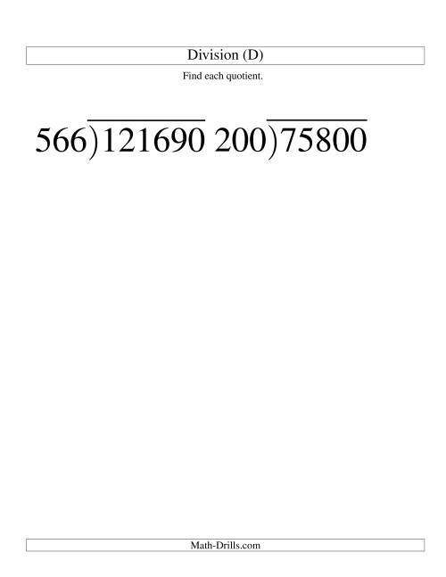 The Long Division - Three-Digit Divisor and a Three-Digit Quotient with No Remainder -- Large Print (D) Math Worksheet