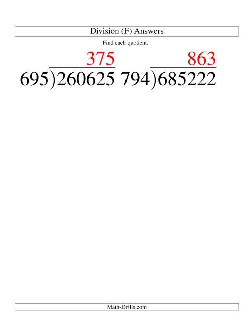 The Long Division - Three-Digit Divisor and a Three-Digit Quotient with No Remainder -- Large Print (F) Math Worksheet Page 2