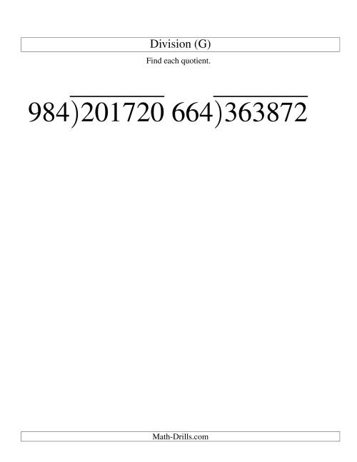 The Long Division - Three-Digit Divisor and a Three-Digit Quotient with No Remainder -- Large Print (G) Math Worksheet