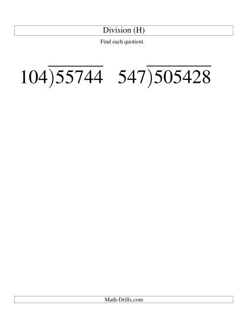 The Long Division - Three-Digit Divisor and a Three-Digit Quotient with No Remainder -- Large Print (H) Math Worksheet