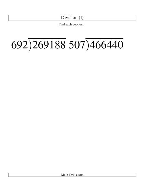 The Long Division - Three-Digit Divisor and a Three-Digit Quotient with No Remainder -- Large Print (I) Math Worksheet