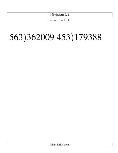 The Long Division - Three-Digit Divisor and a Three-Digit Quotient with No Remainder -- Large Print (J) Math Worksheet