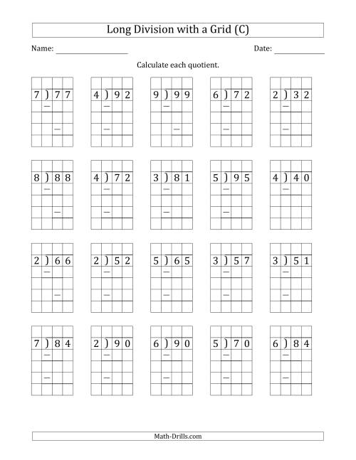 The 2-Digit by 1-Digit Long Division with Grid Assistance and Prompts and NO Remainders (C) Math Worksheet