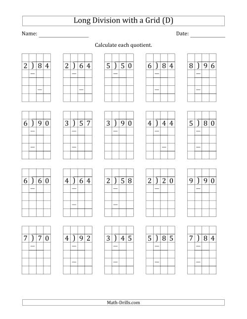 The 2-Digit by 1-Digit Long Division with Grid Assistance and Prompts and NO Remainders (D) Math Worksheet
