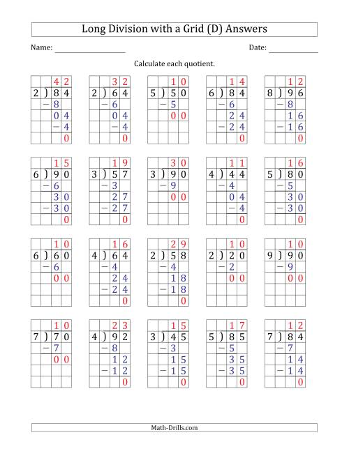 The 2-Digit by 1-Digit Long Division with Grid Assistance and Prompts and NO Remainders (D) Math Worksheet Page 2